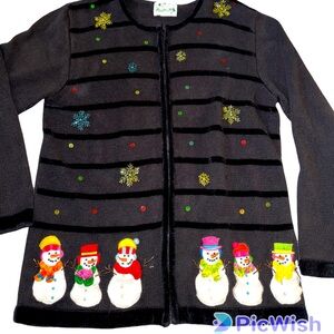 THE QUACKER FACTORY black Christmas cardigan sweater snowman sz large